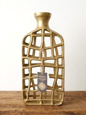 Gold Metal Lattice Vase Decorative Bottle Sculpture Made in India 13" Modern